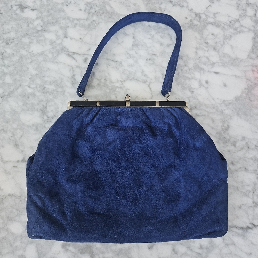 Vintage Blue suede evening purse clutch metal frame Clasp Top Handle 80s Bright